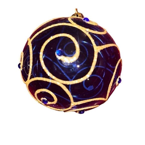 8 Blown Glass Blue With Gold Glitter Swirl Hanging Christmas Ornaments - Picture 3 of 8